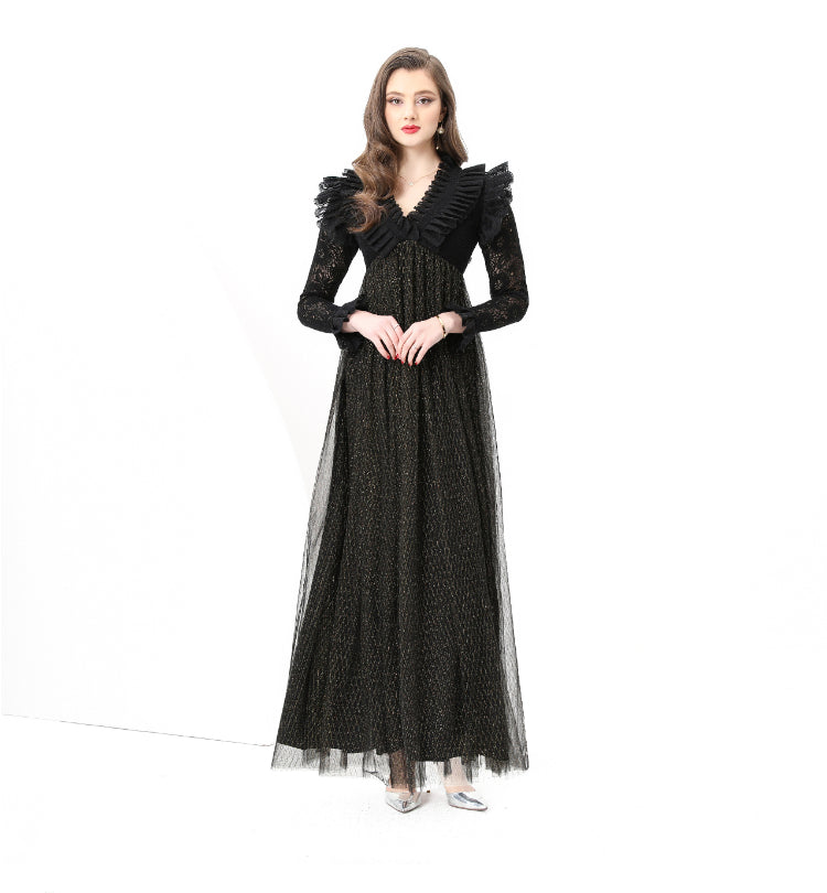 Original design: Spring, Summer, Autumn, resort style, embroidered lace, V-neck, long sleeves, lace and mesh maxi dress