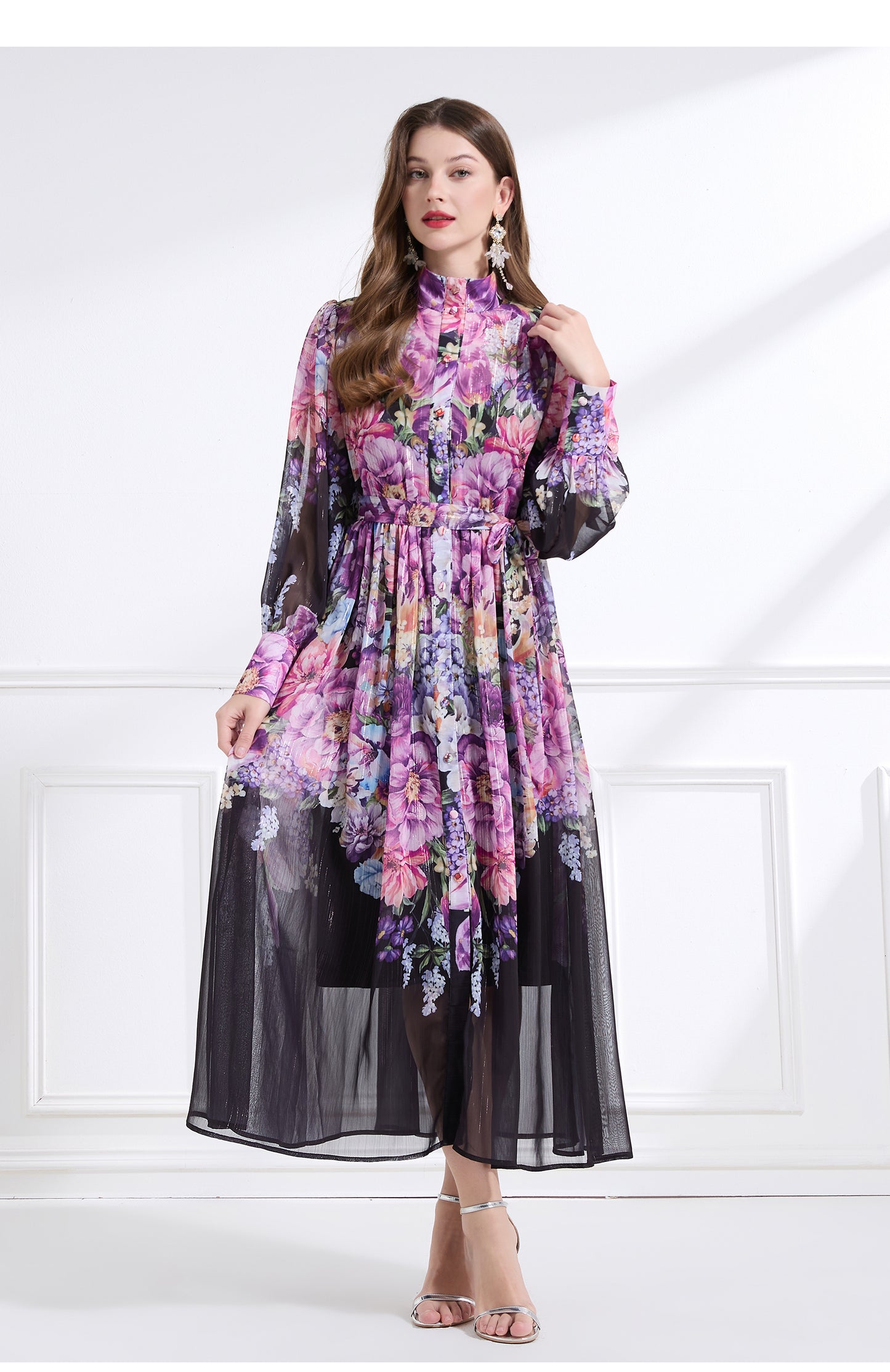 Original design - stand collar, watercolor, floral print, balloon sleeves, cinched waist, large skirt, ruffled skirt