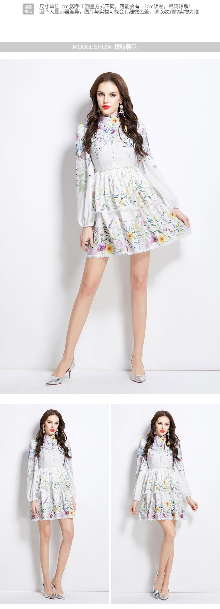 Original Design Spring/Summer/Autumn Vacation Long Sleeve Floral Colorful Waist Collar Cake Dress