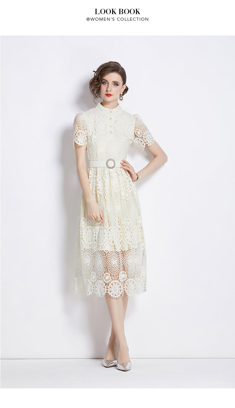 Original design niche dress new style temperament, waist cinching and slimming, hollow out water-soluble lace long skirt