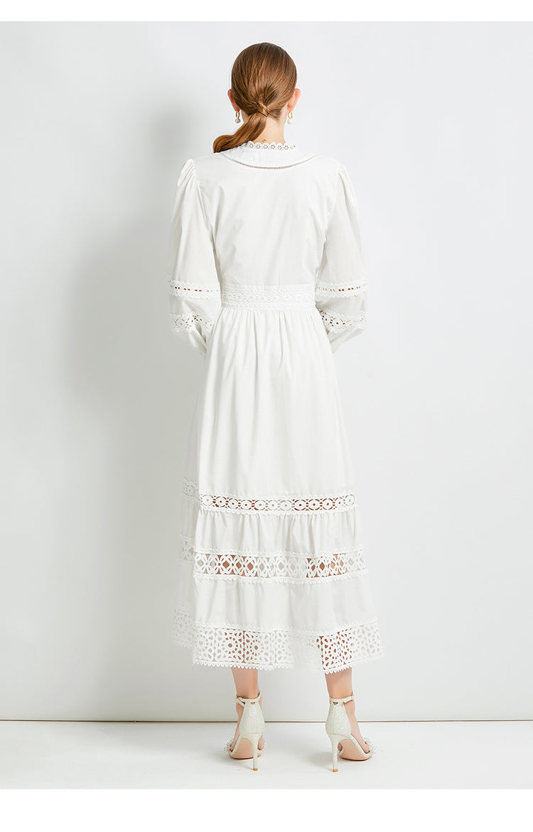 Original design fashionable temperament V-neck patchwork lace hollow out design sense long sleeved waist cinching dress