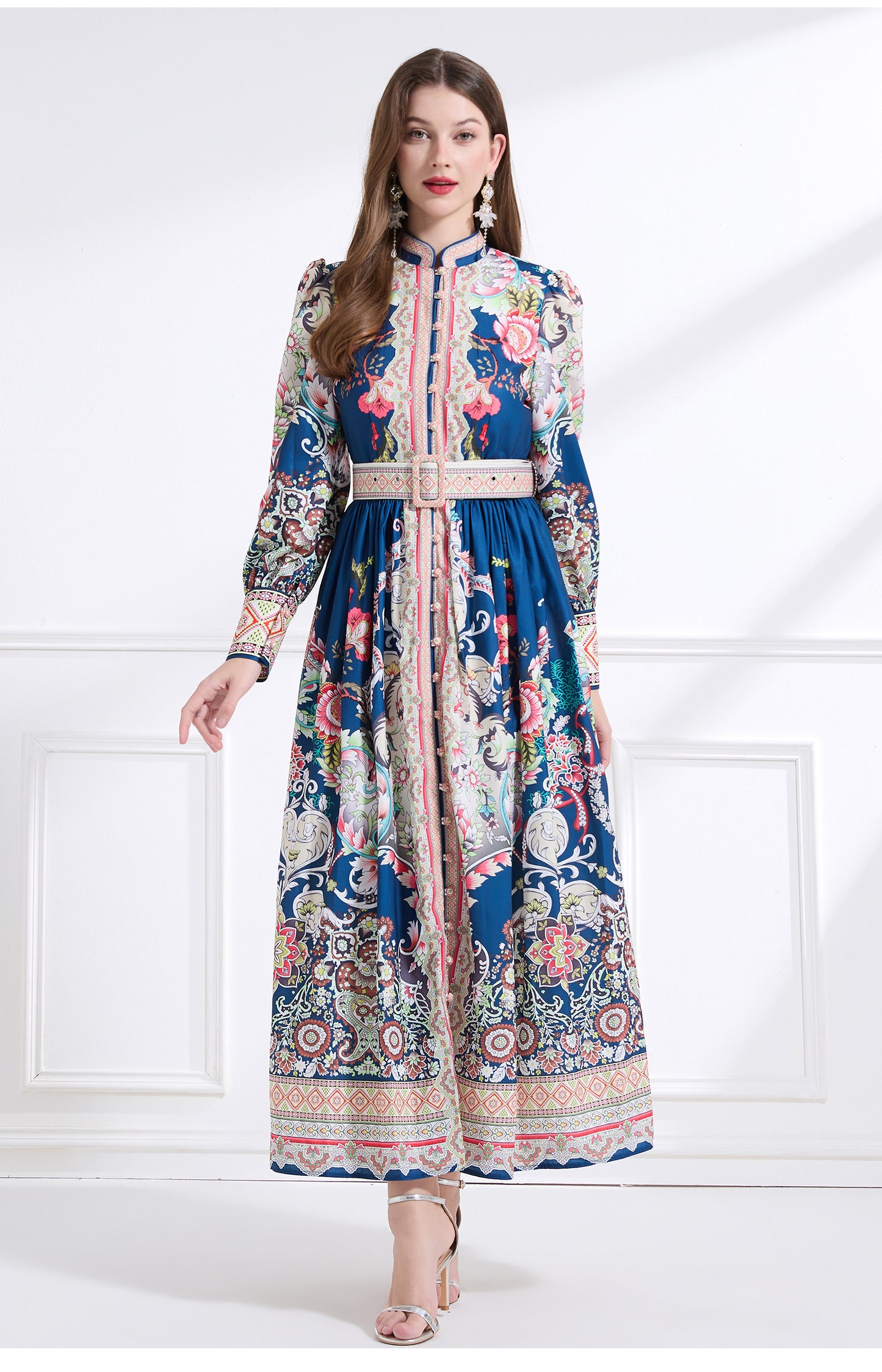 Original design - Spring, Summer, Autumn court style stand collar vintage print balloon sleeve ruffled maxi dress