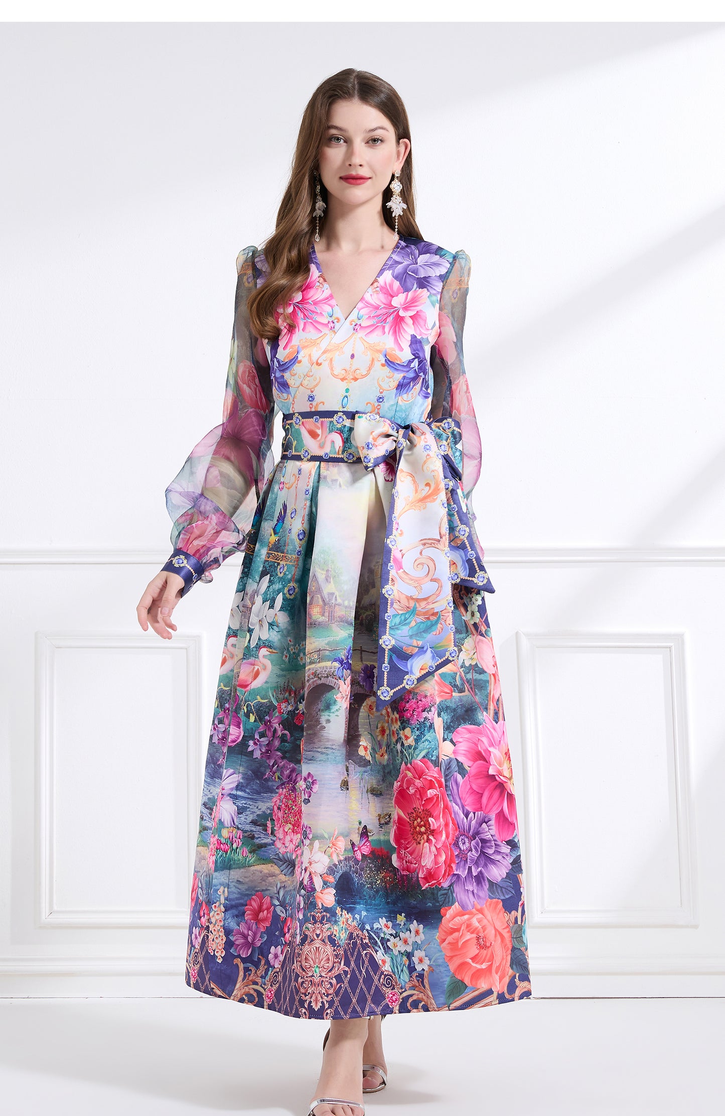 Original design - spring/summer resort-style lace-up wrap skirt, balloon sleeves, cross collar print, wide hem ruffle skirt