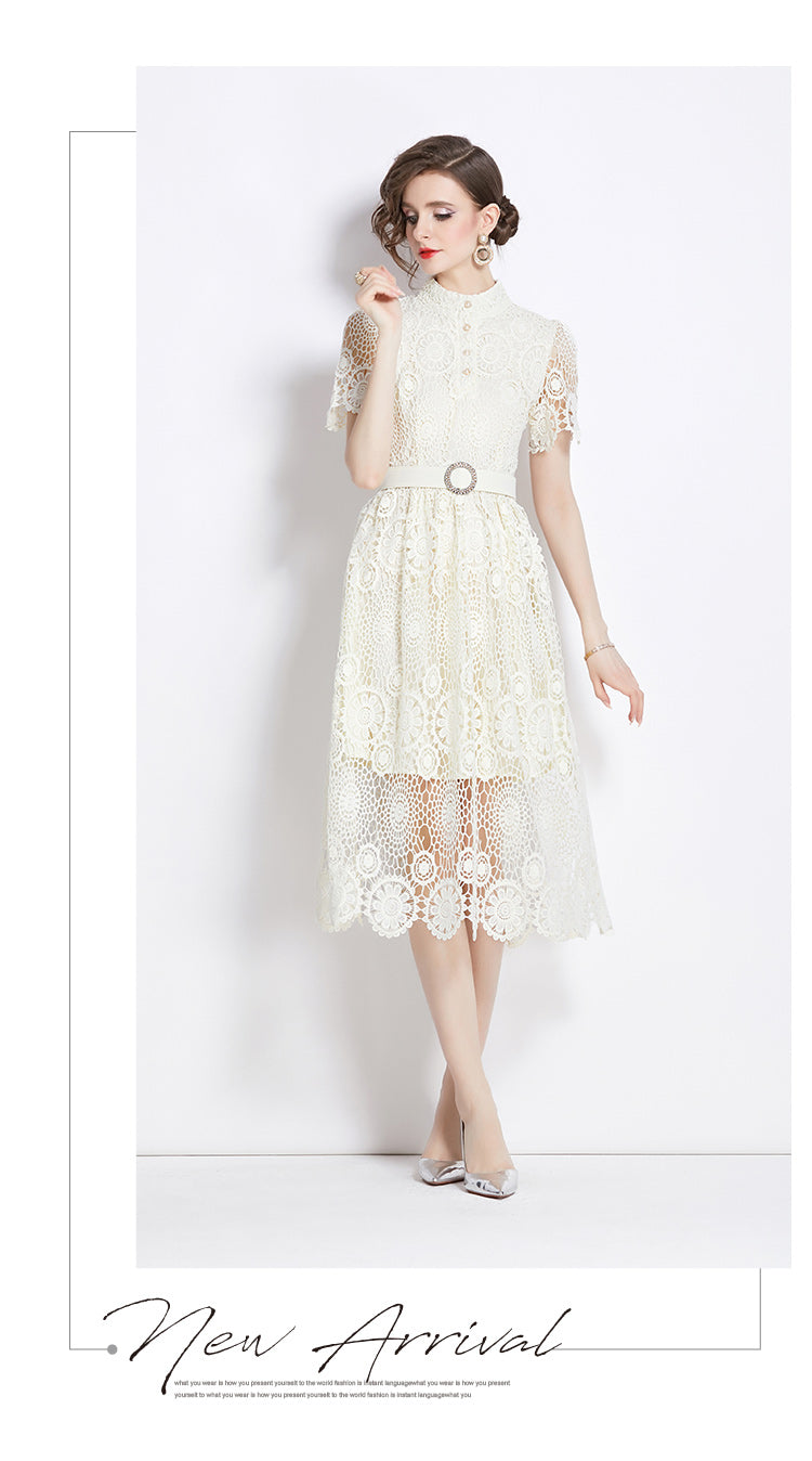 Original design niche dress new style temperament, waist cinching and slimming, hollow out water-soluble lace long skirt