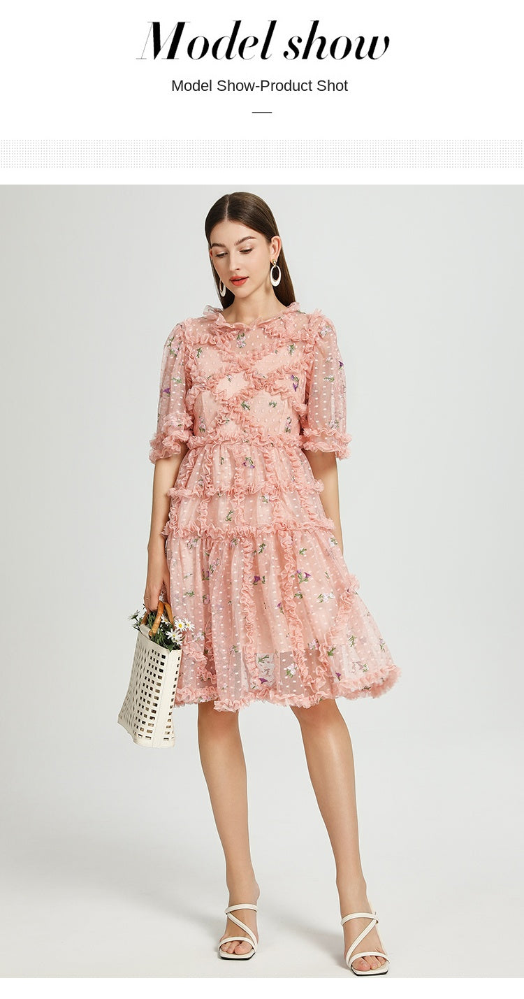 Artwork French romantic boutique custom gauze small floral embroidery short vintage cake dress