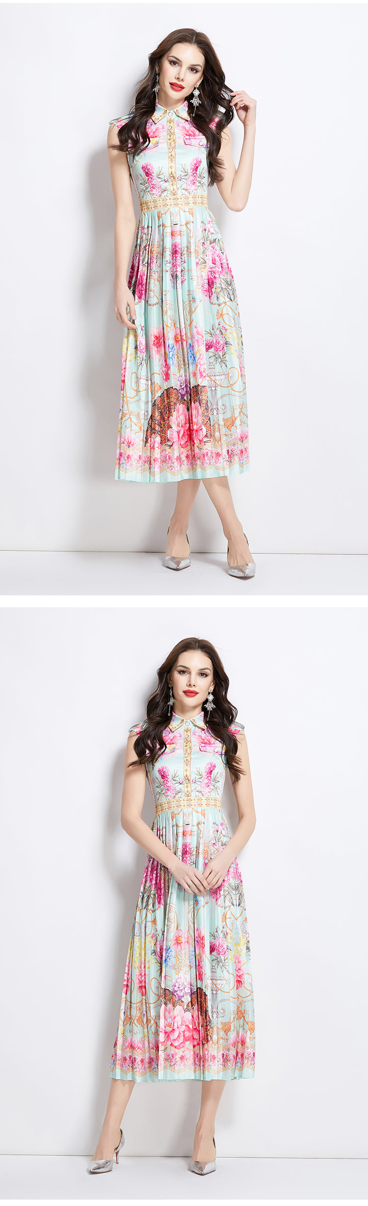 Original design for spring and summer palace pattern sleeveless mid length dress