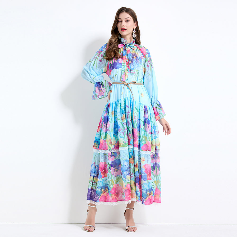 Original design - spring and summer fake lace cake skirt floral print waist ruffle skirt