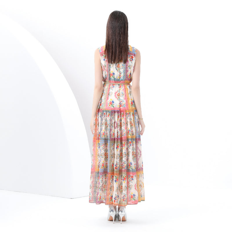 Original design: Spring, Summer, Autumn, vintage style, stand collar, sleeveless, wavy edge, long printed dress 2-piece set
