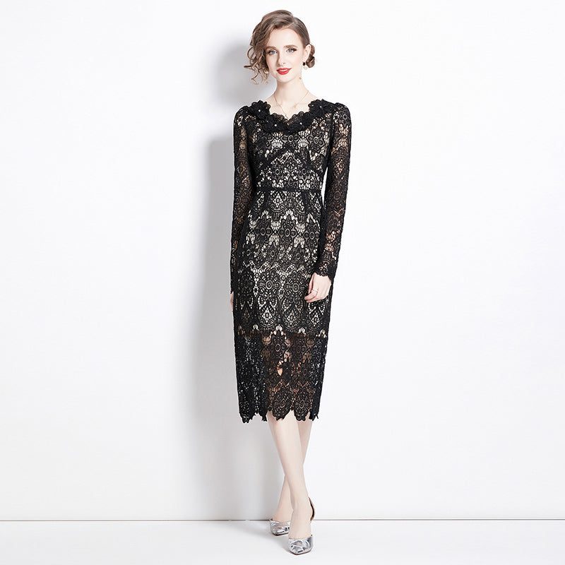 Original design for spring and summer water-soluble lace V-neck slim fit mid length dress for women