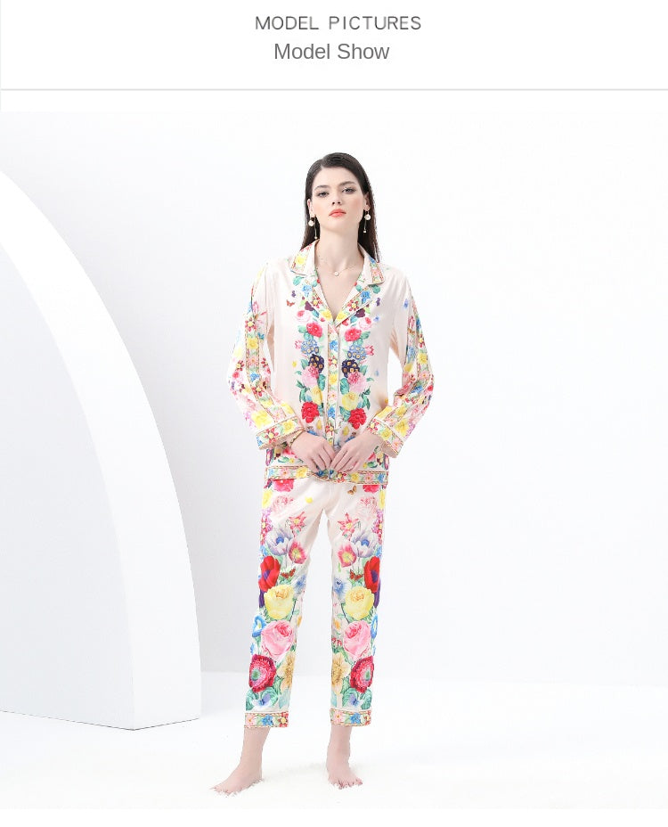 original design Spring/Summer casual trim pyjama suit set with a suit collar and long sleeves and trousers print two-piece set