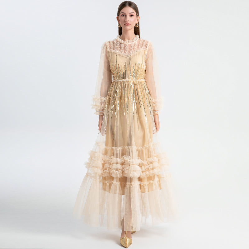 Meizhonggong embroidered sequins mesh stitching fungus edge temperament dress dress