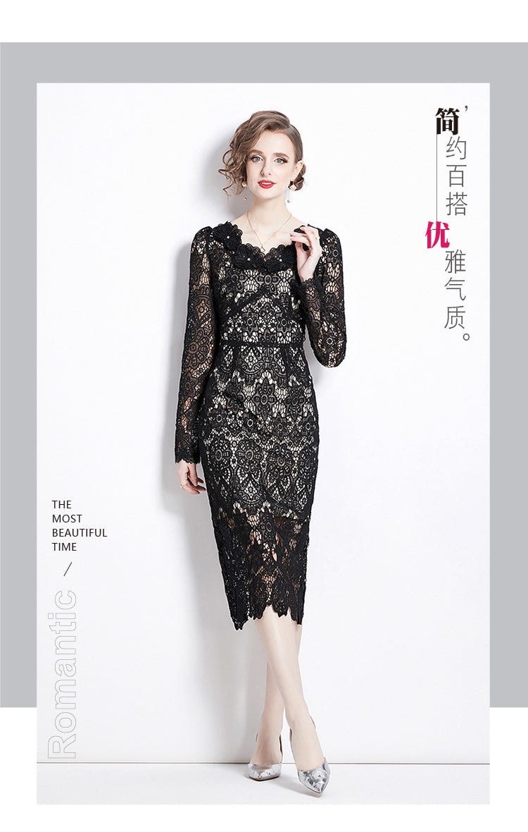 Original design for spring and summer water-soluble lace V-neck slim fit mid length dress for women