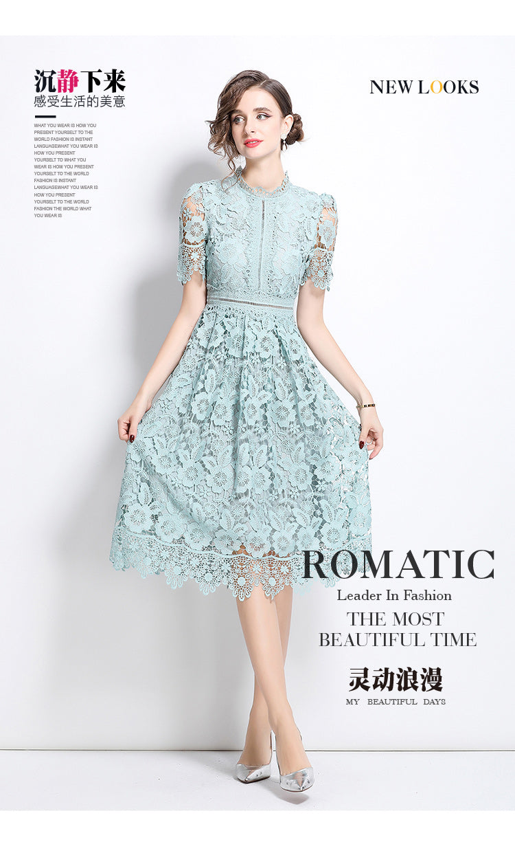 Original design short sleeved slimming hollow out water-soluble lace positioning mid length dress