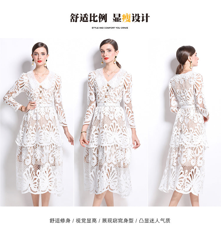 Original Design: Spring and Summer High End Water soluble Embroidered Medium length Skirt with V-neck and Waist cinching to Look Thin Dress
