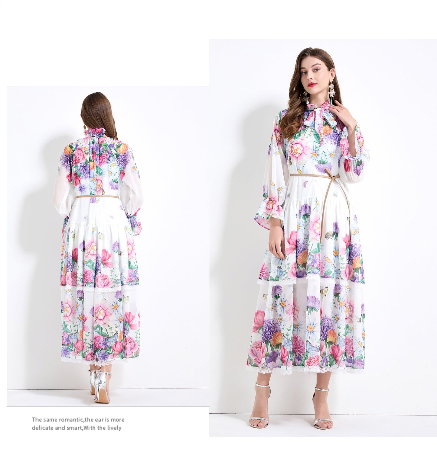 Original design - spring and summer fake lace cake skirt floral print waist ruffle skirt