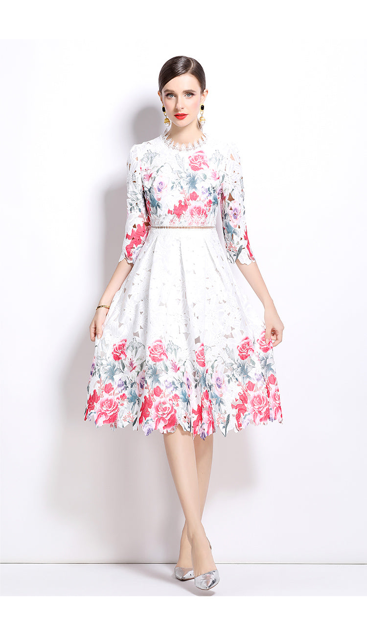 Original design mid long sleeved fashionable slimming hollow out water-soluble lace positioning mid length dress