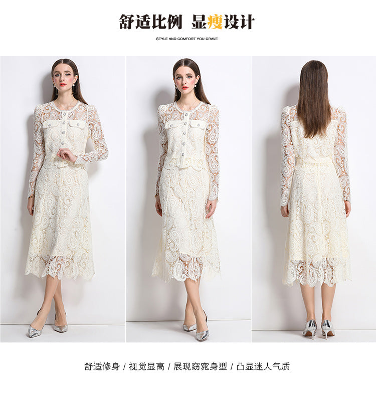 Real shot spot8583# New Style Chanel-Inspired Set Light Luxury High-End Water-Soluble Lace Skirt Two-Piece Set