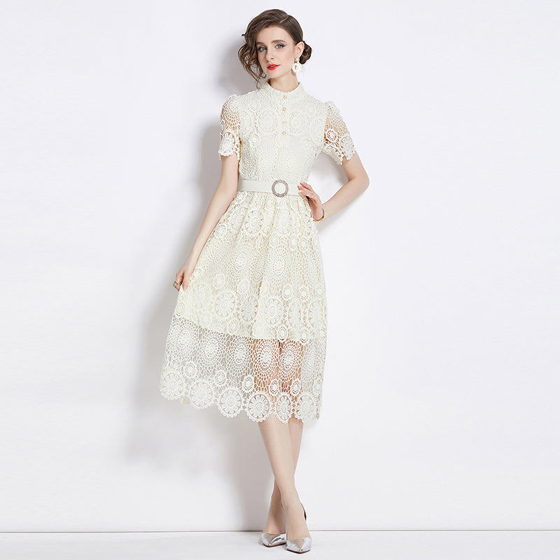 Original design niche dress new style temperament, waist cinching and slimming, hollow out water-soluble lace long skirt