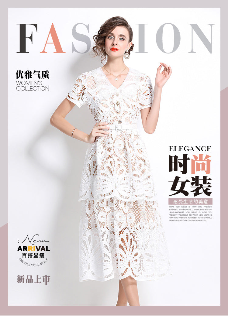 Original Design: Spring/Summer French Luxury Water soluble Embroidered Medium length Skirt with V-neck and Waist cinching to Look Thin Dress
