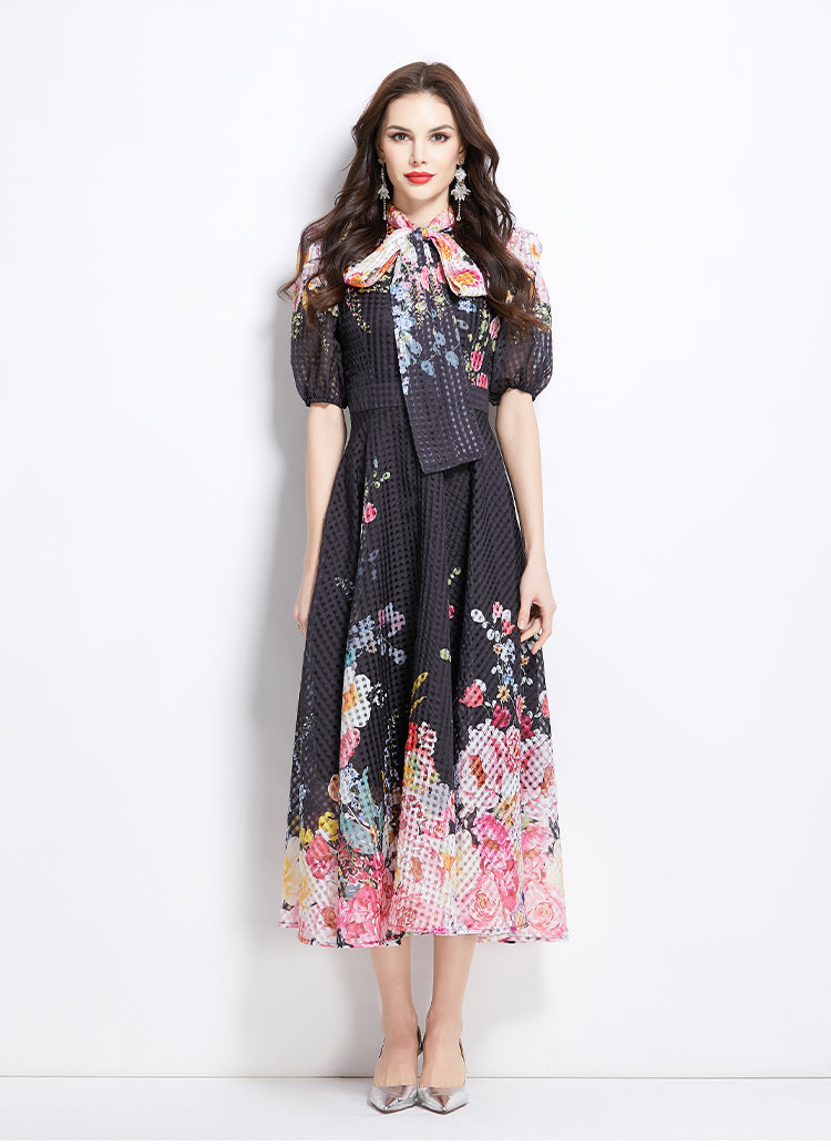 Original Design Spring/Summer Vacation New Oil Painting Flower Bubble Sleeve Medium length Dress