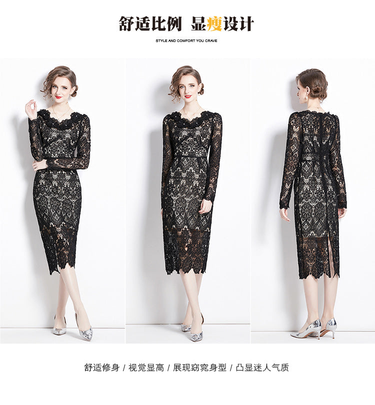 Original design for spring and summer water-soluble lace V-neck slim fit mid length dress for women