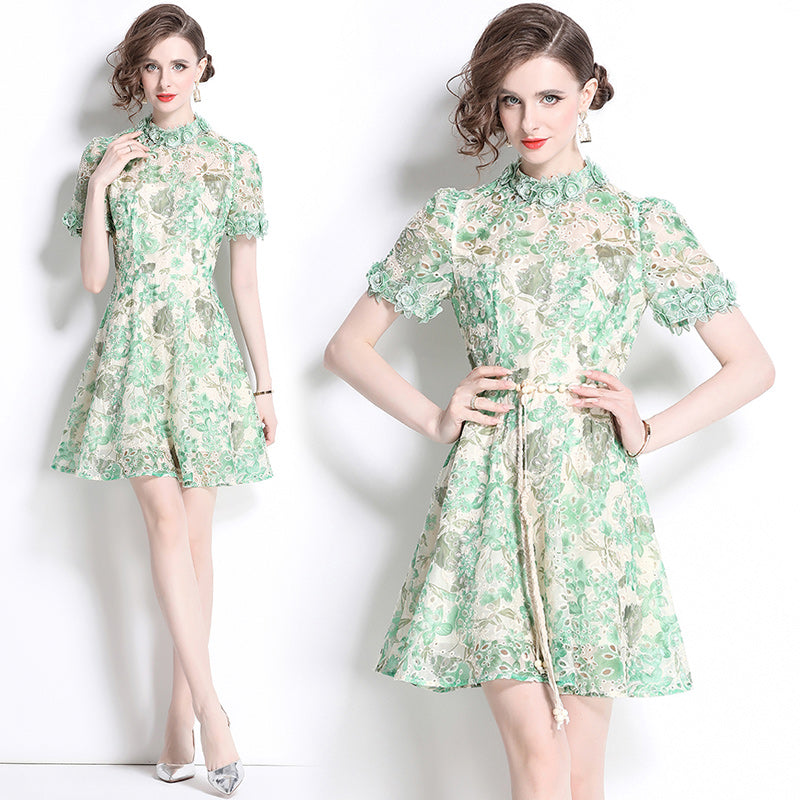 Original Design: Spring/Summer Embroidered Printed Dress for Women with a High end Style and a slimming A-line Skirt with a cinched waist