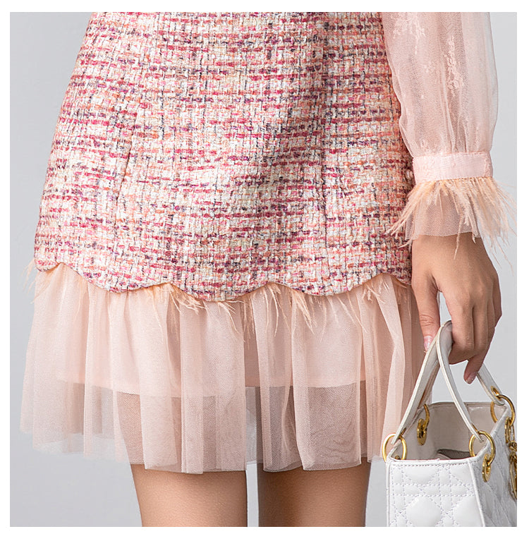 Original design: spring, summer, autumn, art lace stitching, colored tweed, small fragrance, big bow, ostrich feather dress