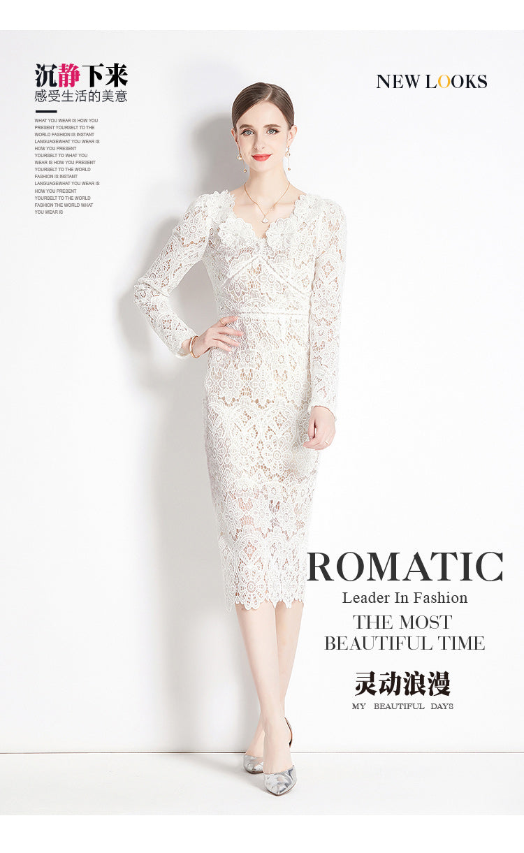 Original design for spring and summer water-soluble lace V-neck slim fit mid length dress for women