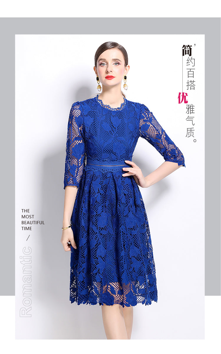 Original design mid long sleeved fashionable slimming hollow out water-soluble lace positioning mid length dress