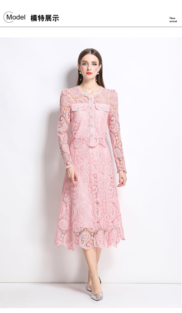 Original design for spring and summer small fragrance style set light luxury and high-end water-soluble lace skirt two-piece set
