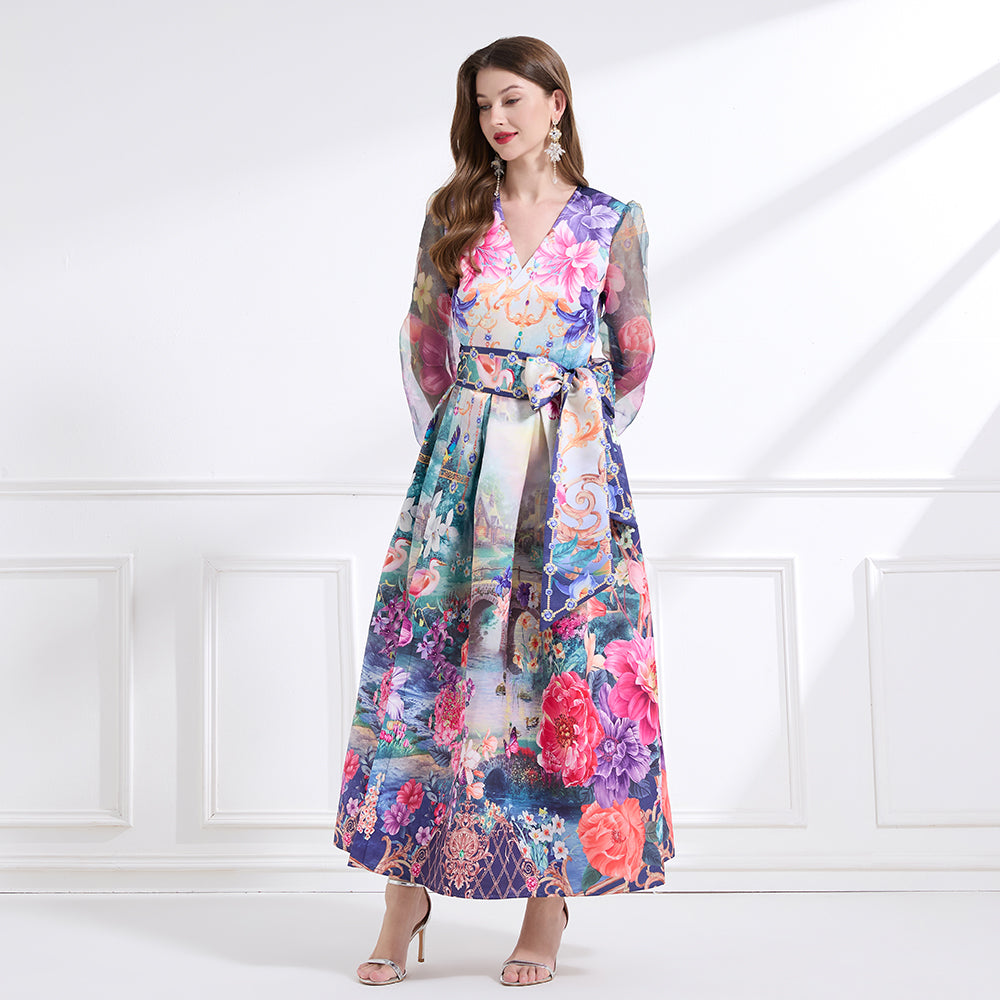 Original design - spring/summer resort-style lace-up wrap skirt, balloon sleeves, cross collar print, wide hem ruffle skirt