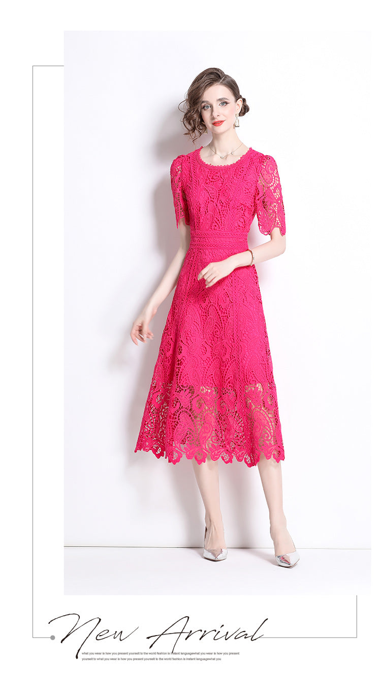 Original design temperament short sleeved skirt slim fit waist cinching heavy industry water-soluble lace dress for women