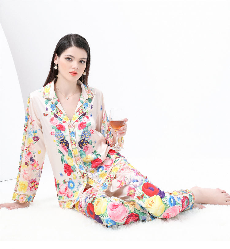 original design Spring/Summer casual trim pyjama suit set with a suit collar and long sleeves and trousers print two-piece set
