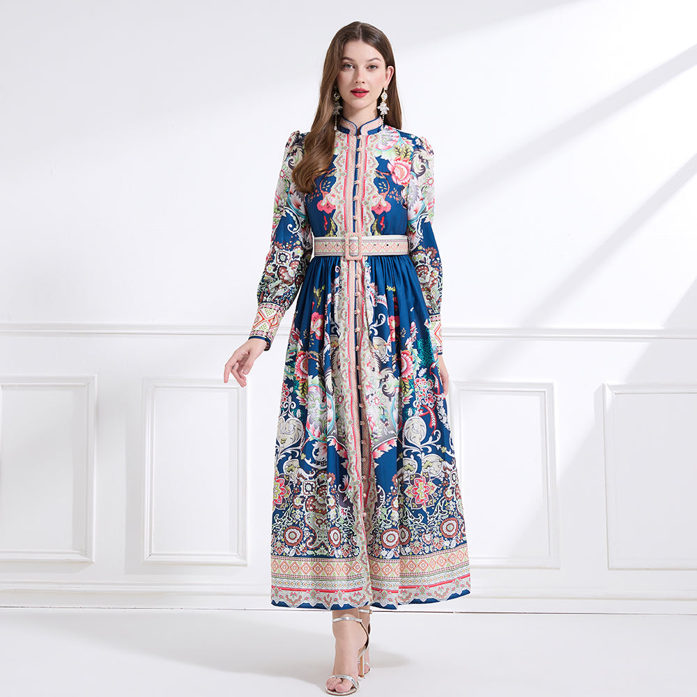 Original design - Spring, Summer, Autumn court style stand collar vintage print balloon sleeve ruffled maxi dress