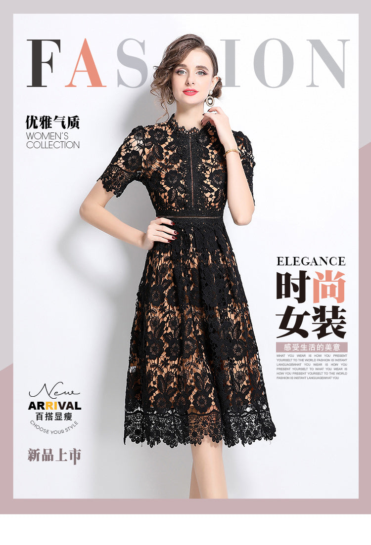 Original design short sleeved slimming hollow out water-soluble lace positioning mid length dress