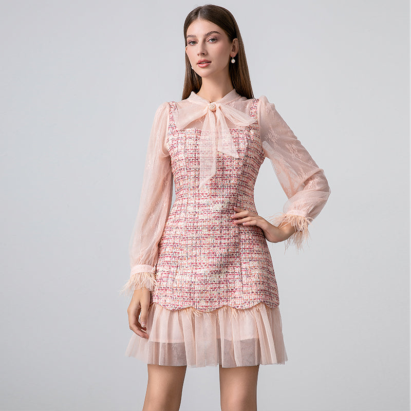 Original design: spring, summer, autumn, art lace stitching, colored tweed, small fragrance, big bow, ostrich feather dress