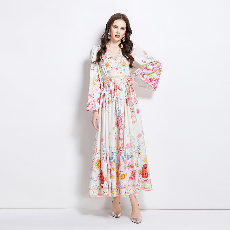 Original Design Spring/Summer New Oil Painting Flower Pattern Wrapped Mid length Dress