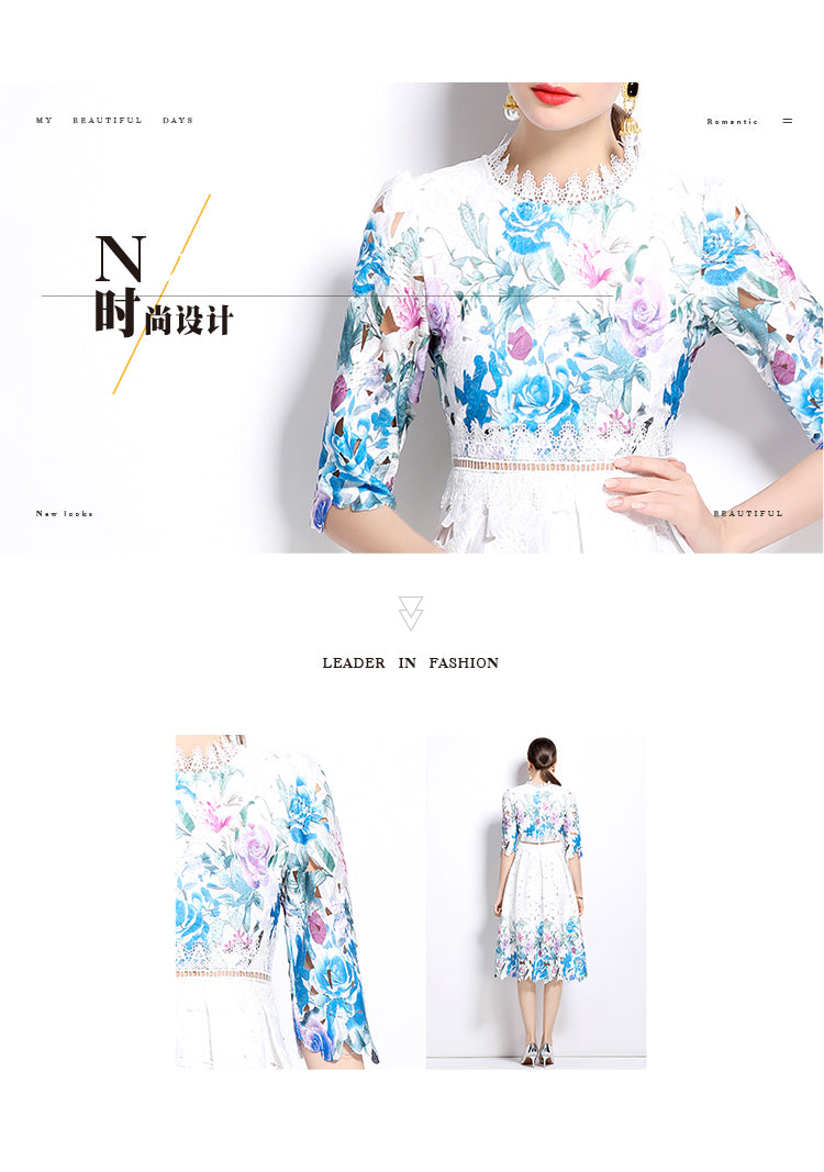 Original design mid long sleeved fashionable slimming hollow out water-soluble lace positioning mid length dress