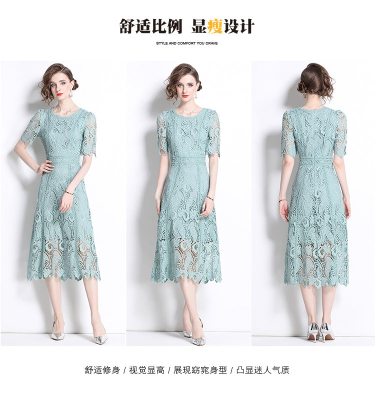 Original design temperament short sleeved skirt slim fit waist cinching heavy industry water-soluble lace dress for women