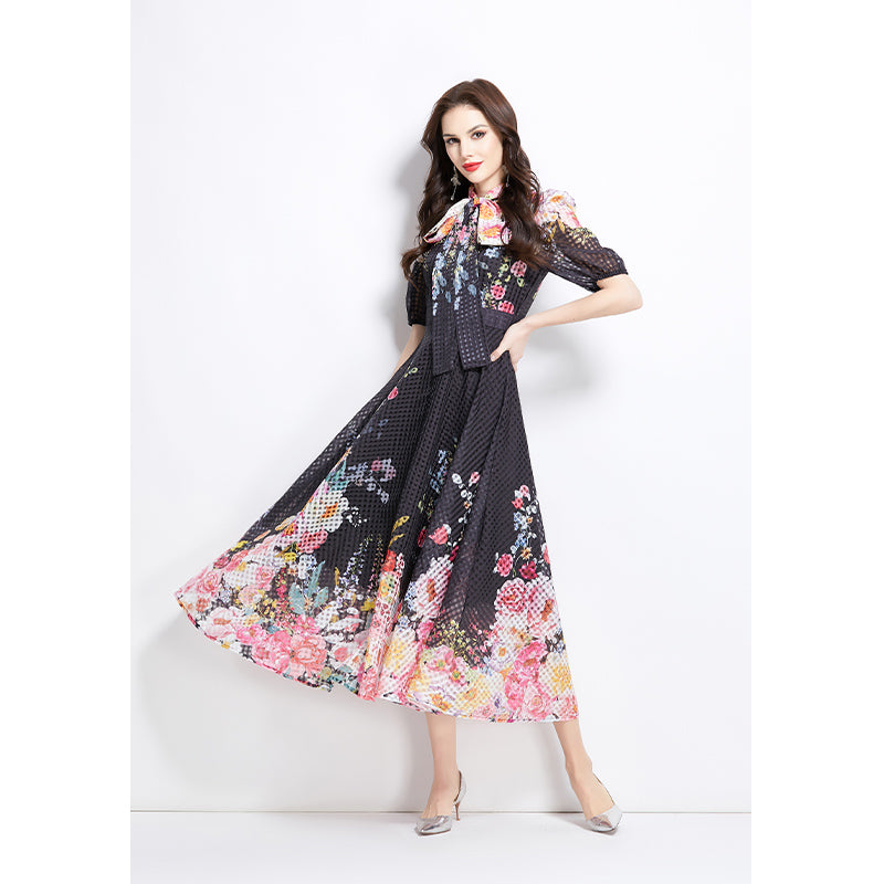 Original Design Spring/Summer Vacation New Oil Painting Flower Bubble Sleeve Medium length Dress
