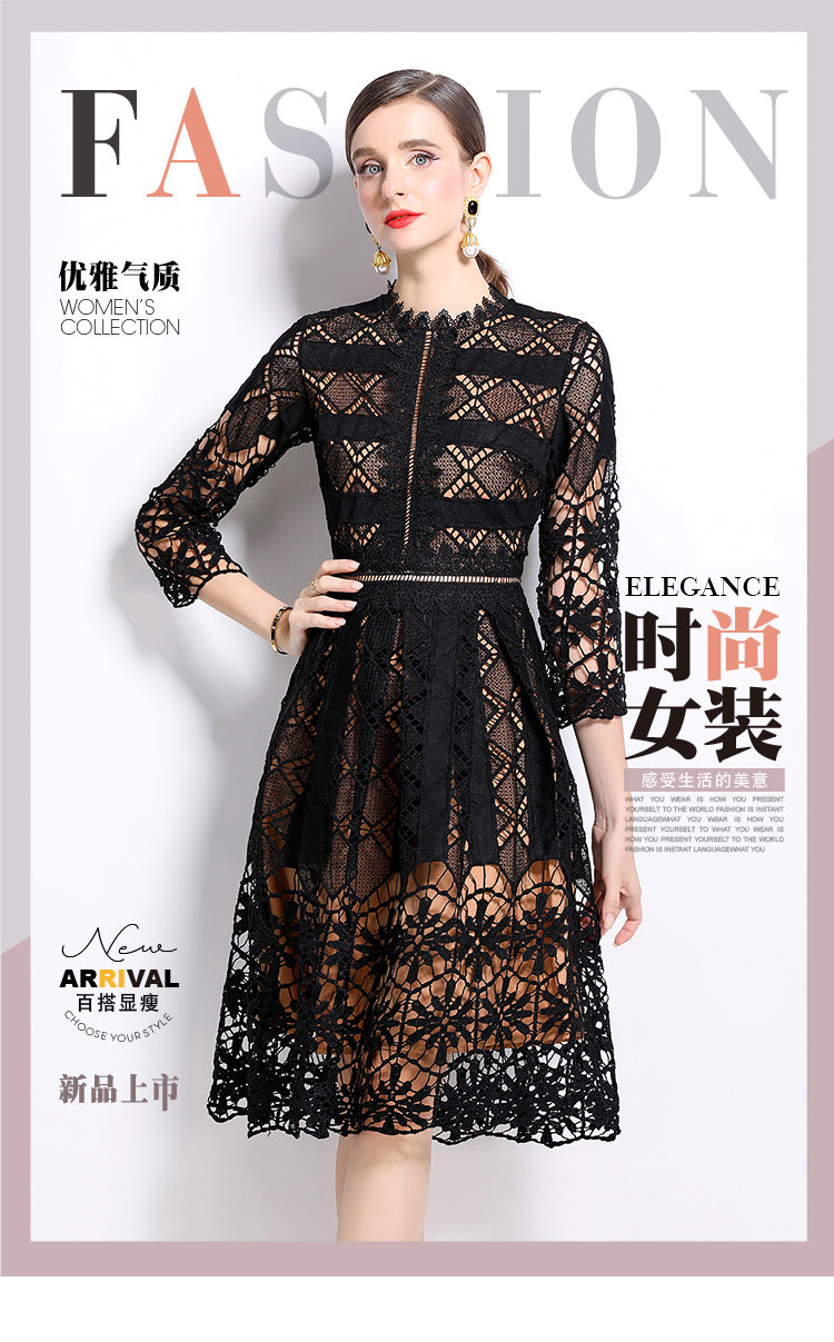 Original design mid long sleeved slimming hollow out water-soluble lace positioning printed mid length dress for spring, summer, autumn vacation
