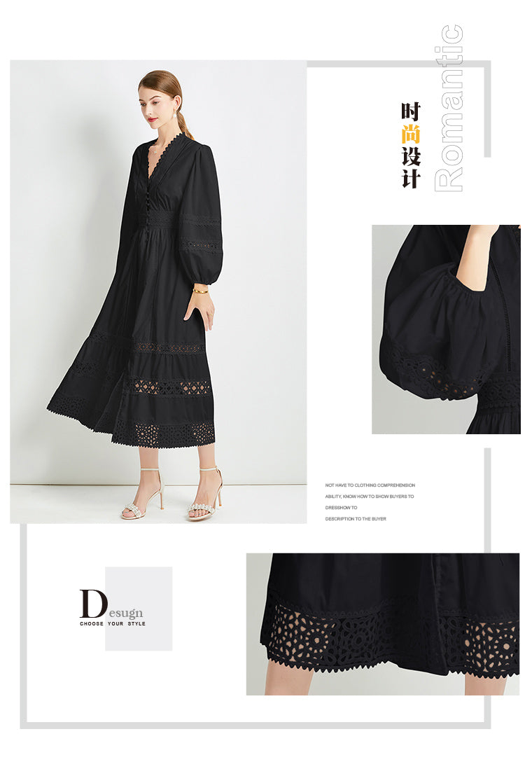 Original design fashionable temperament V-neck patchwork lace hollow out design sense long sleeved waist cinching dress