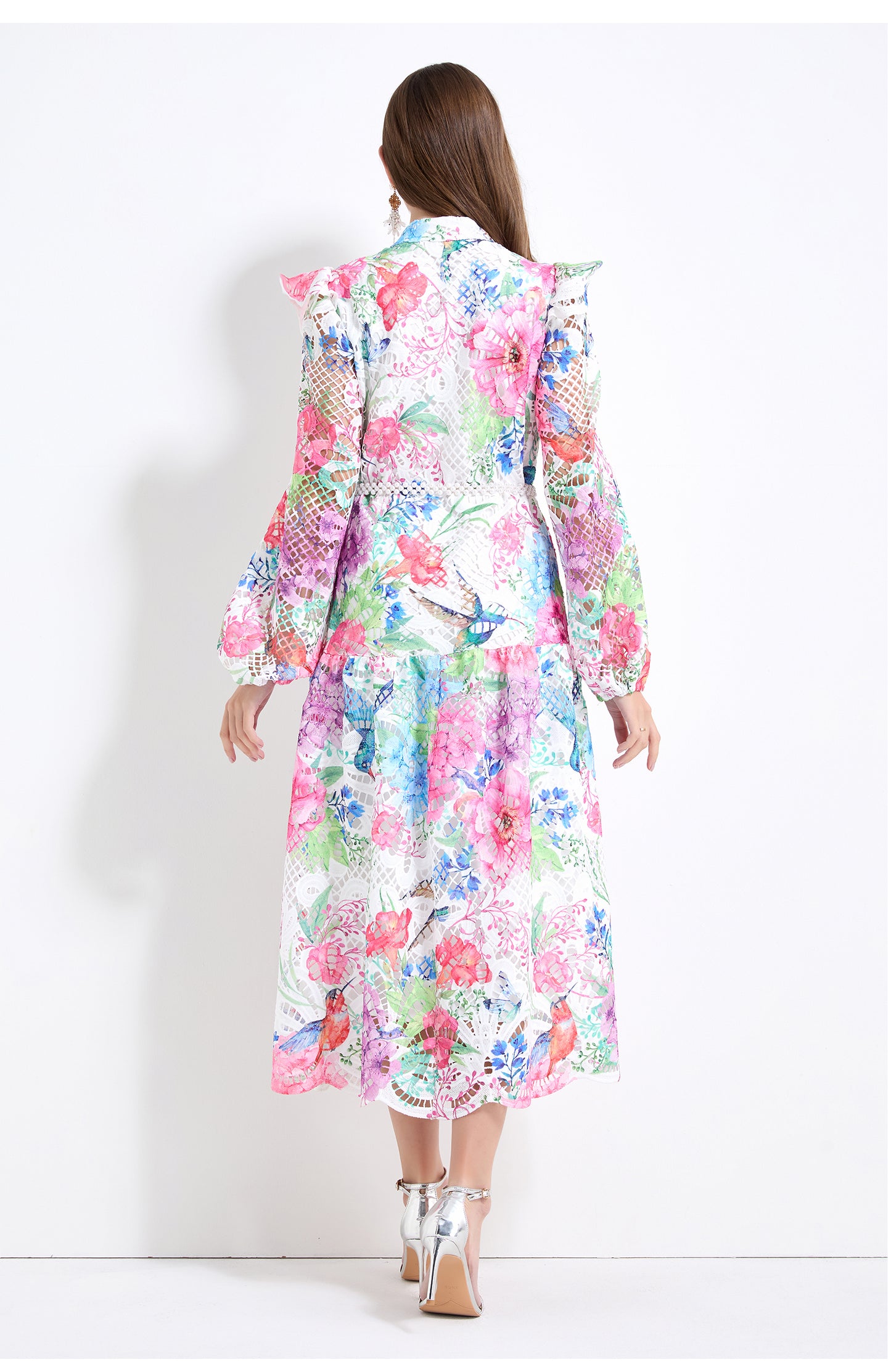 Original design - Spring/Summer vintage stand collar floral print heavy industry water-soluble long waist lace dress