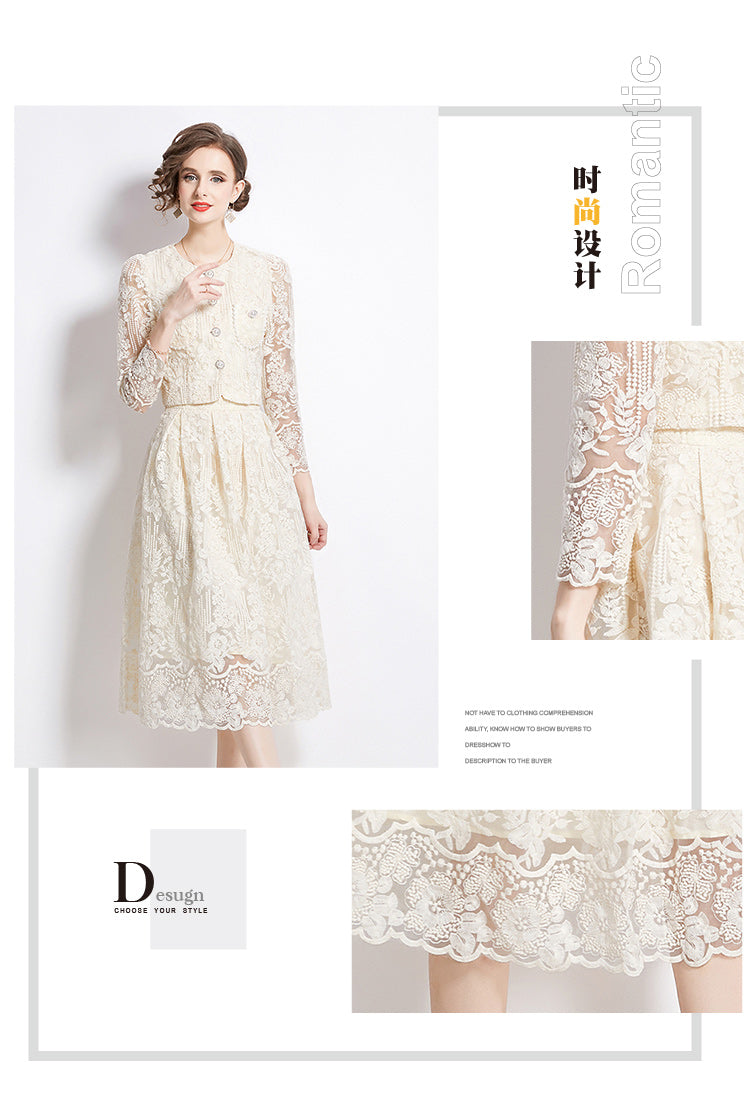 Original design for spring and summer long sleeved small fragrance style set light luxury temperament water-soluble lace skirt two-piece set