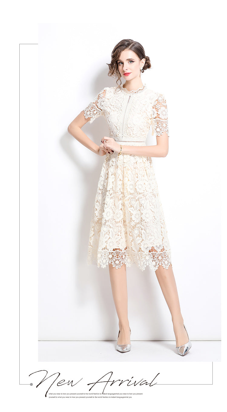 Original design short sleeved slimming hollow out water-soluble lace positioning mid length dress