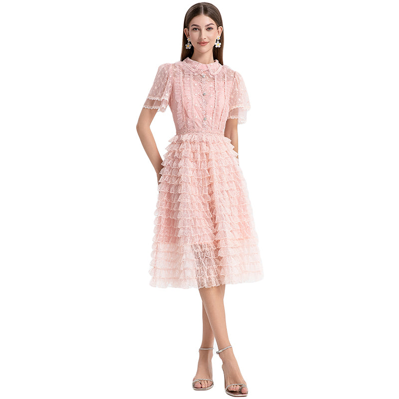 Original design short sleeved French sweet lace lace cake skirt with nail and diamond waist cinching temperament dress