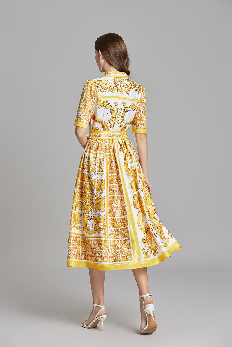 Original Design Spring/Summer Positioning Printed Collar Strap Waist Shirt Dress Large Swing A-line Skirt