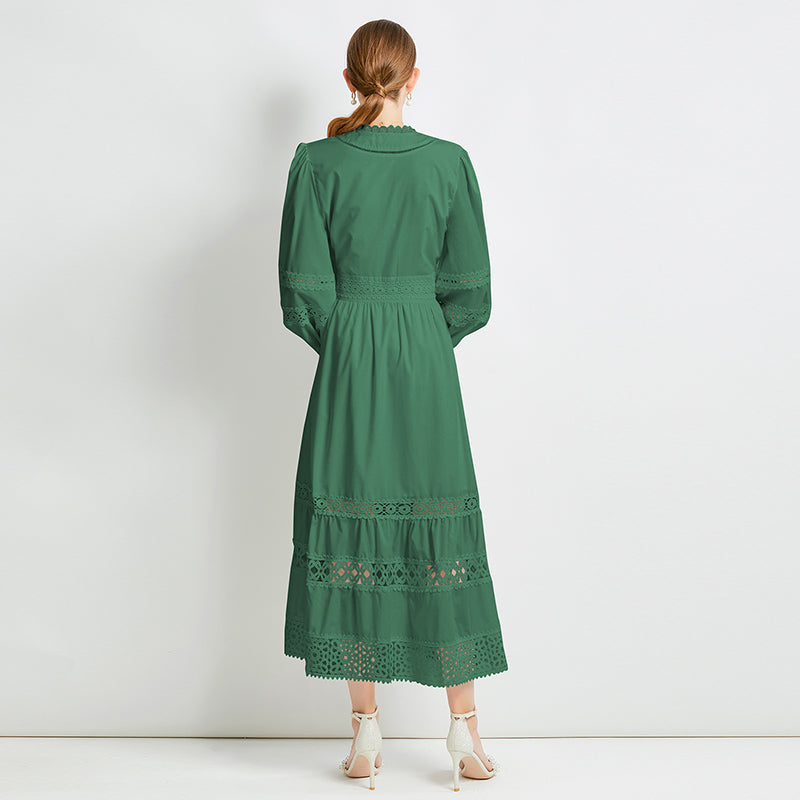 Original design fashionable temperament V-neck patchwork lace hollow out design sense long sleeved waist cinching dress