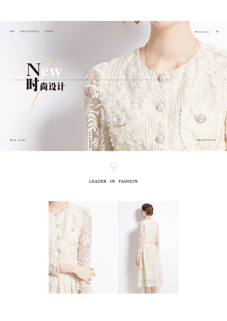 Original design for spring and summer long sleeved small fragrance style set light luxury temperament water-soluble lace skirt two-piece set