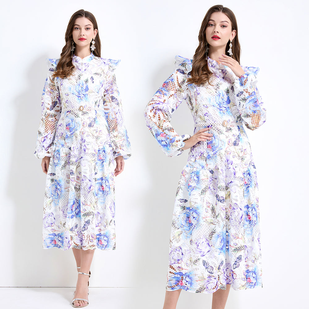 Original design - Spring/Summer vintage stand collar floral print heavy industry water-soluble long waist lace dress
